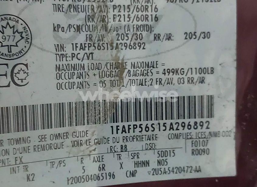 Photo 9 of 2005 Ford Taurus SEL (VIN 1FAFP56S15A296892)