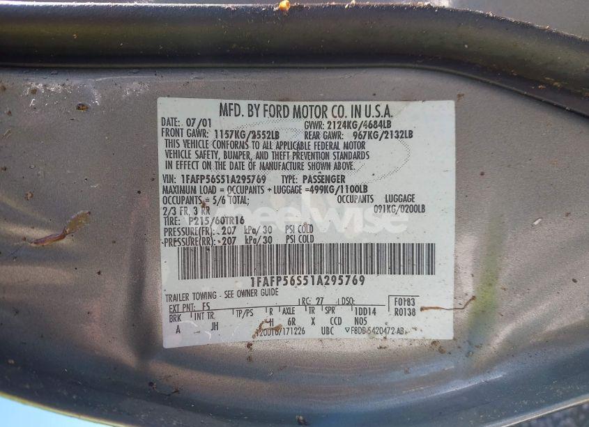 Photo 9 of 2001 Ford Taurus SEL (VIN 1FAFP56S51A295769)