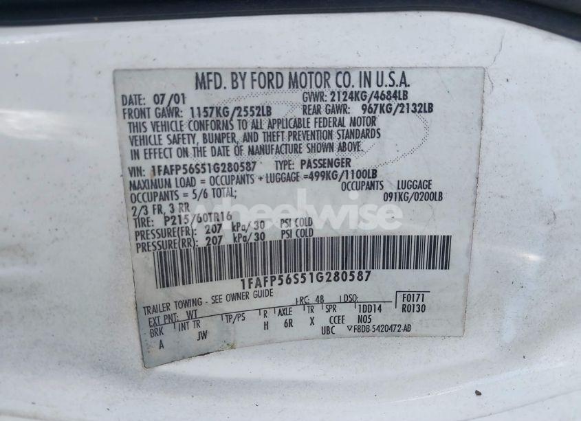 Photo 9 of 2001 Ford Taurus SEL (VIN 1FAFP56S51G280587)