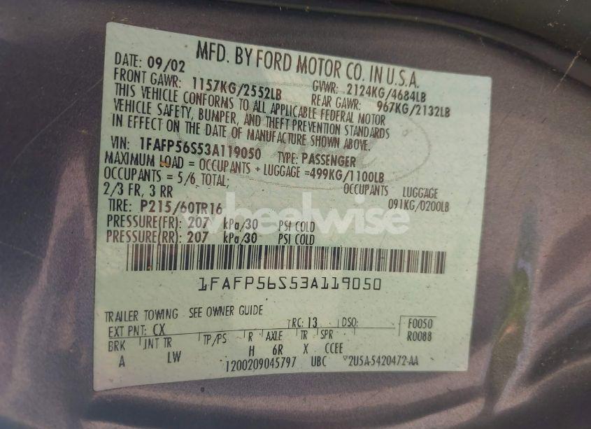 Photo 9 of 2003 Ford Taurus SEL (VIN 1FAFP56S53A119050)