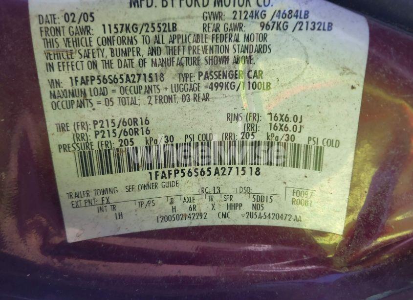 Photo 9 of 2005 Ford Taurus SEL (VIN 1FAFP56S65A271518)