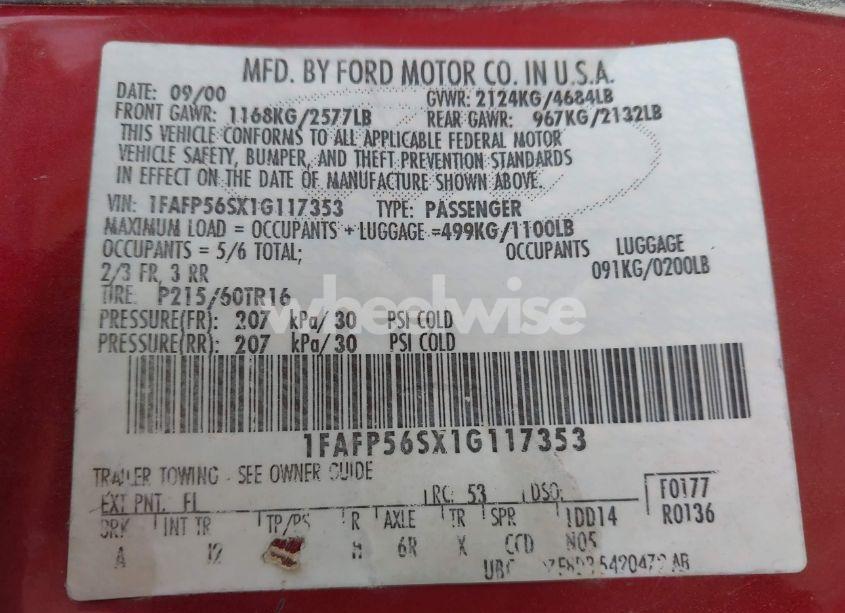 Photo 9 of 2001 Ford Taurus SEL (VIN 1FAFP56SX1G117353)