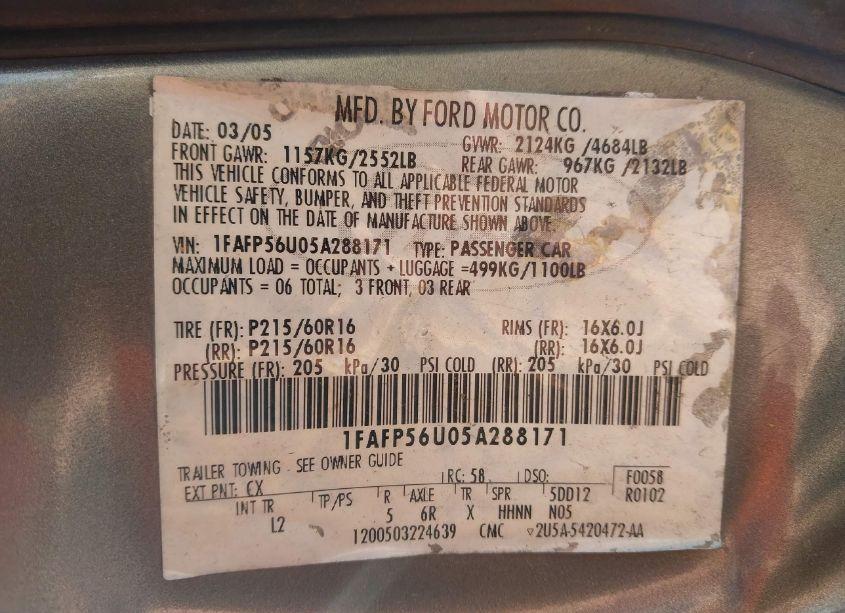 Photo 9 of 2005 Ford Taurus SEL (VIN 1FAFP56U05A288171)