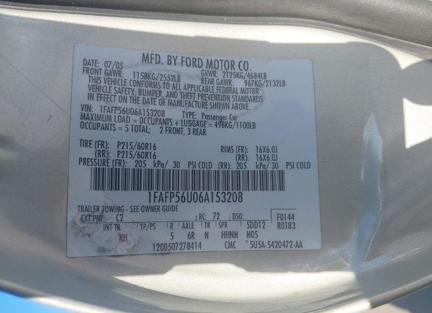 Photo 9 of 2006 Ford Taurus SEL (VIN 1FAFP56U06A153208)