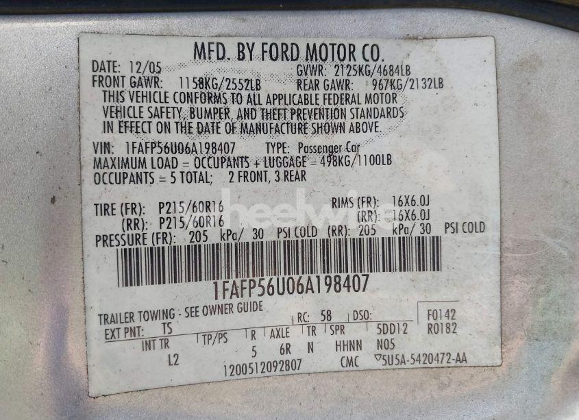 Photo 9 of 2006 Ford Taurus SEL (VIN 1FAFP56U06A198407)