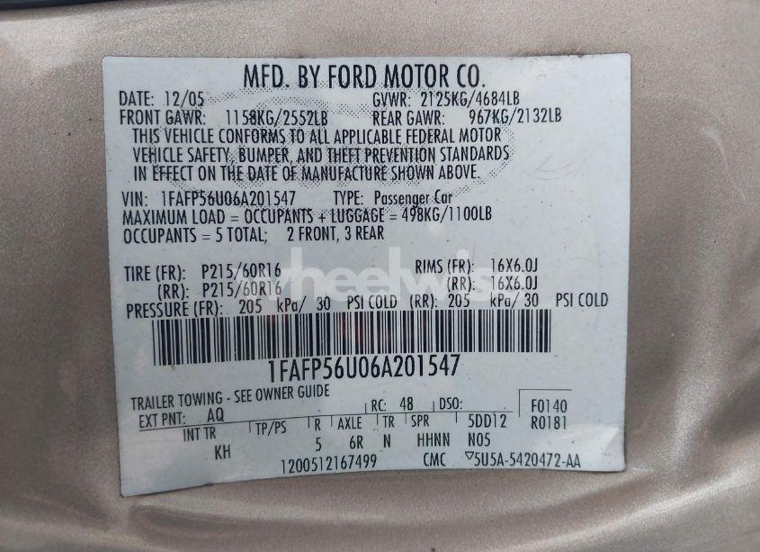 Photo 9 of 2006 Ford Taurus SEL (VIN 1FAFP56U06A201547)