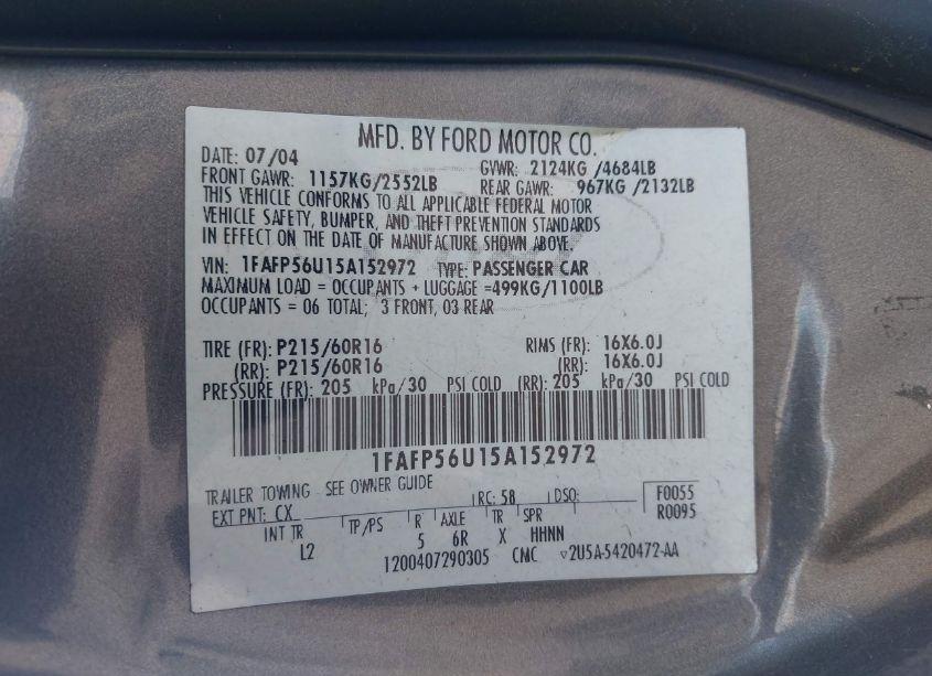 Photo 9 of 2005 Ford Taurus SEL (VIN 1FAFP56U15A152972)