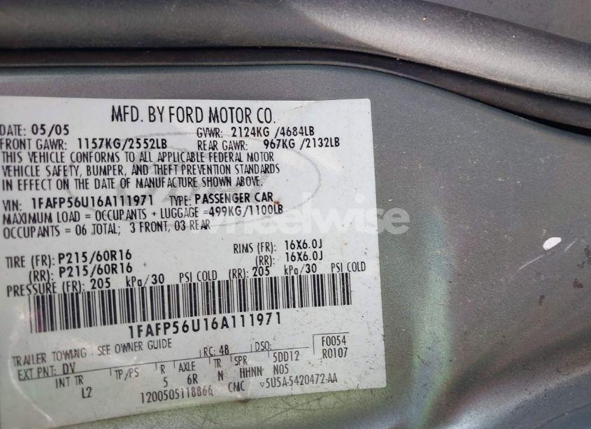 Photo 9 of 2006 Ford Taurus SEL (VIN 1FAFP56U16A111971)