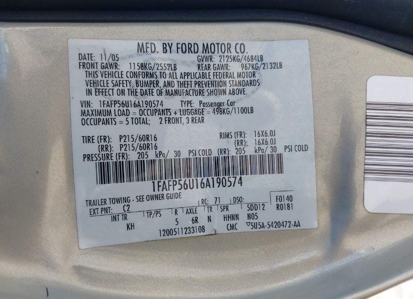 Photo 9 of 2006 Ford Taurus SEL (VIN 1FAFP56U16A190574)