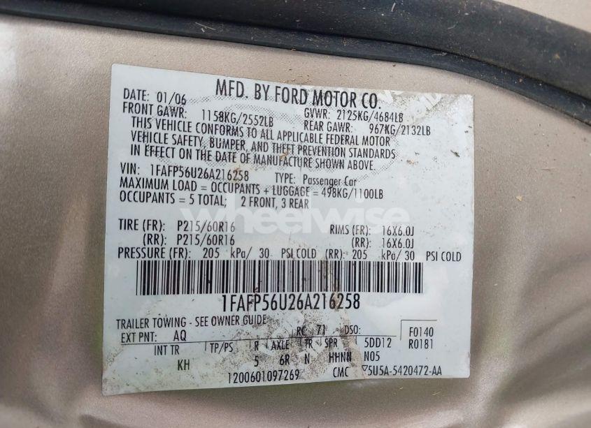 Photo 9 of 2006 Ford Taurus SEL (VIN 1FAFP56U26A216258)