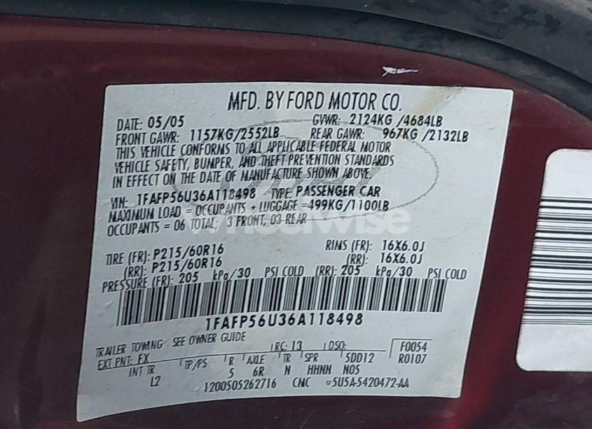 Photo 9 of 2006 Ford Taurus SEL (VIN 1FAFP56U36A118498)