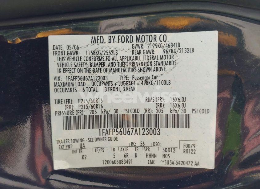 Photo 9 of 2007 Ford Taurus SEL (VIN 1FAFP56U67A123003)