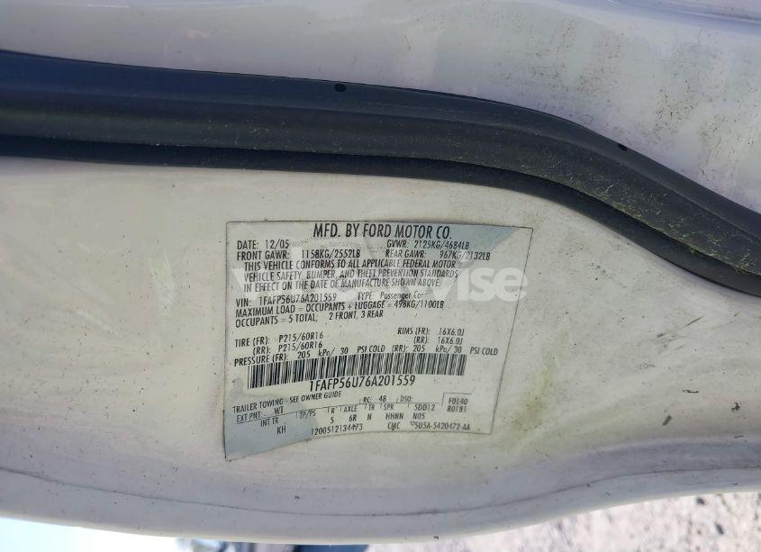 Photo 9 of 2006 Ford Taurus SEL (VIN 1FAFP56U76A201559)