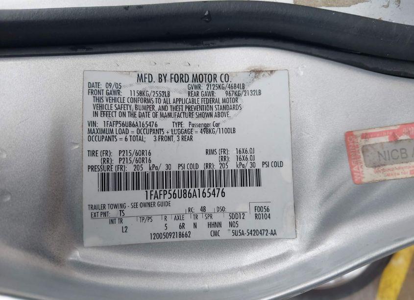 Photo 9 of 2006 Ford Taurus SEL (VIN 1FAFP56U86A165476)