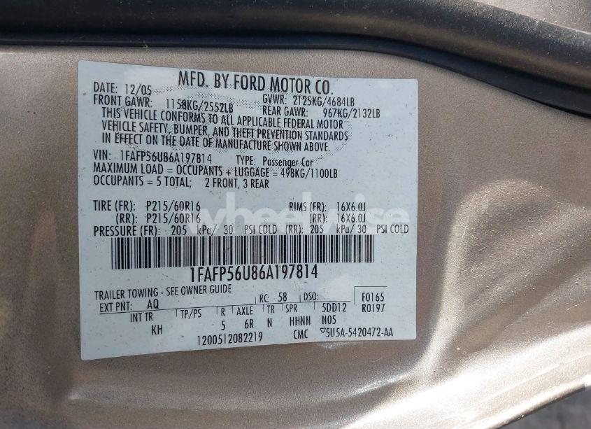 Photo 9 of 2006 Ford Taurus SEL (VIN 1FAFP56U86A197814)
