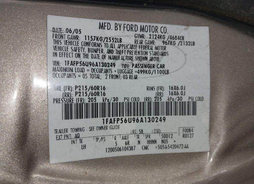 Photo 9 of 2006 Ford Taurus SEL (VIN 1FAFP56U96A130249)