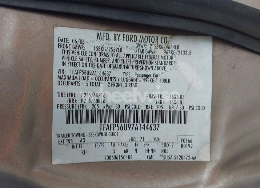Photo 9 of 2007 Ford Taurus SEL (VIN 1FAFP56U97A144637)