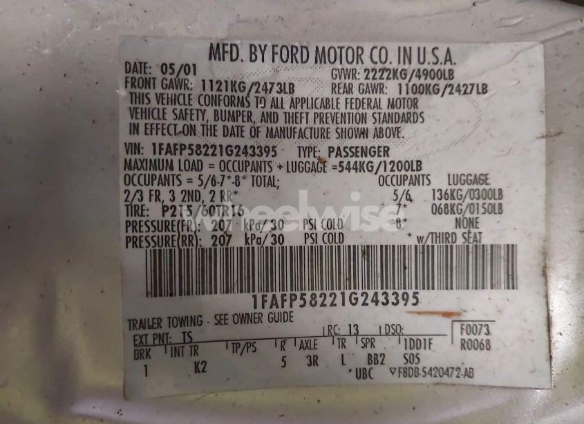 Photo 9 of 2001 Ford Taurus SE (VIN 1FAFP58221G243395)