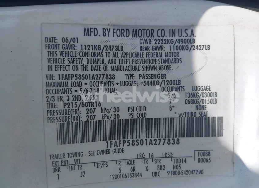 Photo 9 of 2001 Ford Taurus SE (VIN 1FAFP58S01A277838)