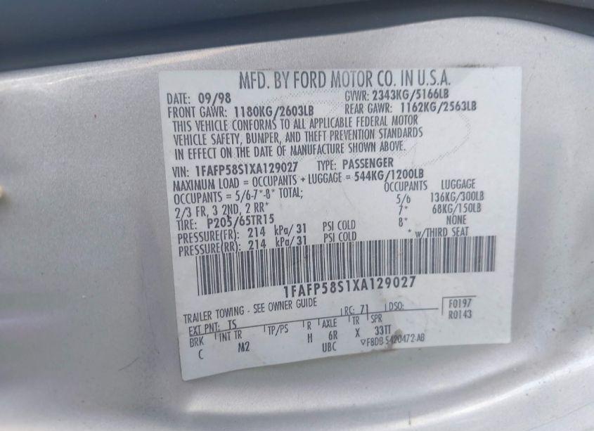 Photo 9 of 1999 Ford Taurus SE (VIN 1FAFP58S1XA129027)