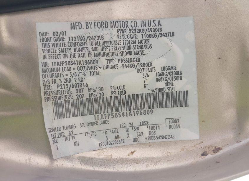 Photo 9 of 2001 Ford Taurus SE (VIN 1FAFP58S41A196809)