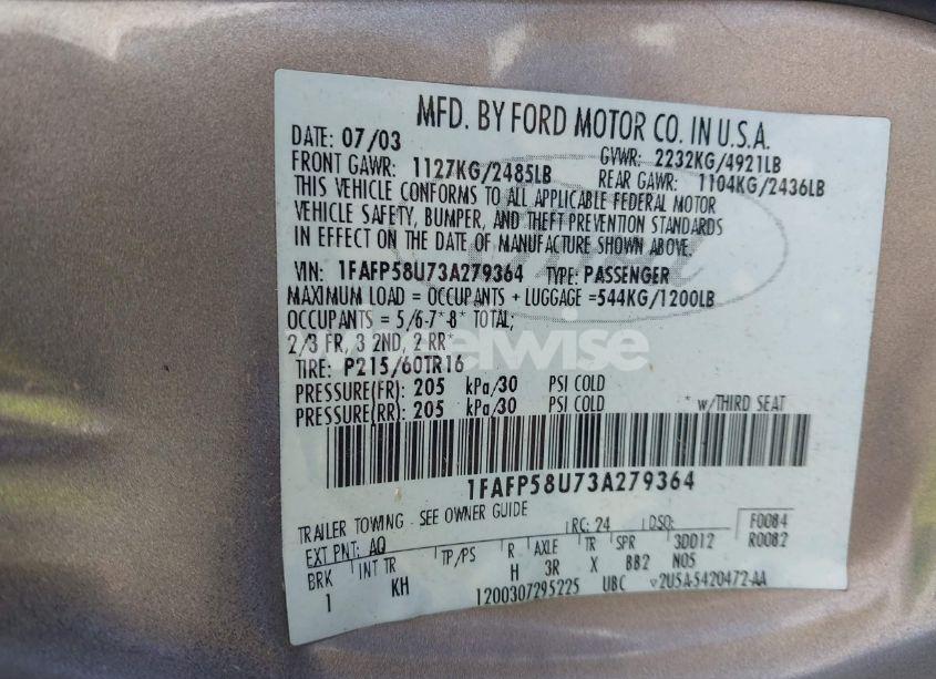 Photo 9 of 2003 Ford Taurus SE (VIN 1FAFP58U73A279364)