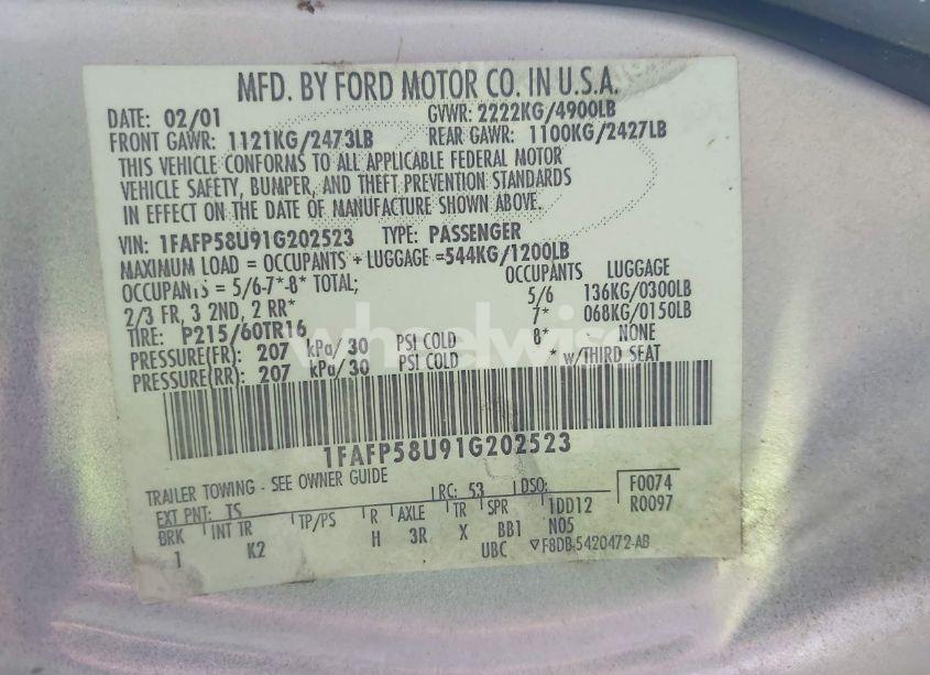 Photo 9 of 2001 Ford Taurus SE (VIN 1FAFP58U91G202523)