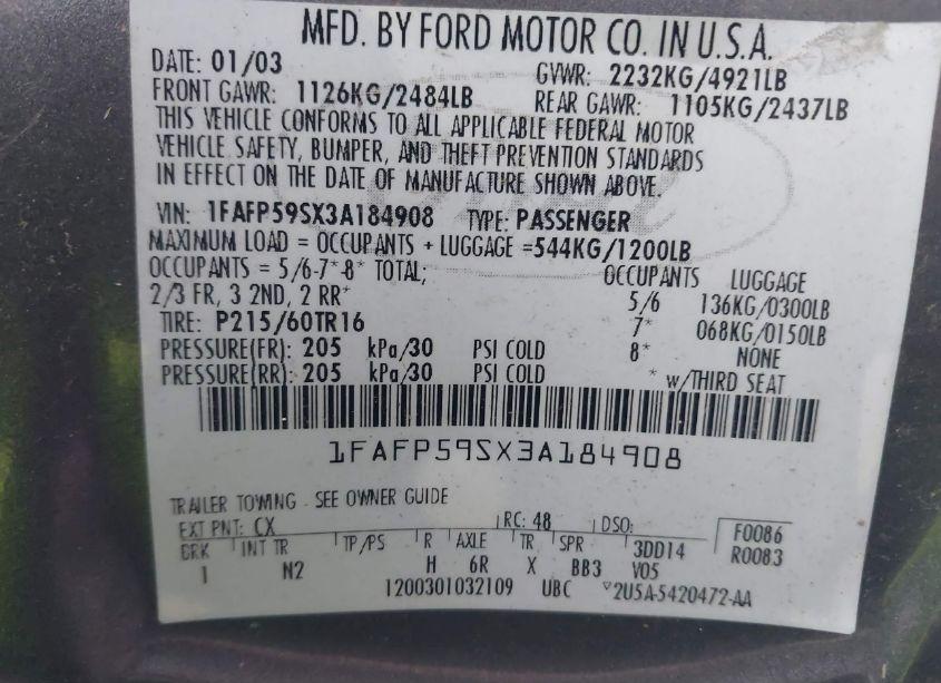 Photo 9 of 2003 Ford Taurus SEL (VIN 1FAFP59SX3A184908)