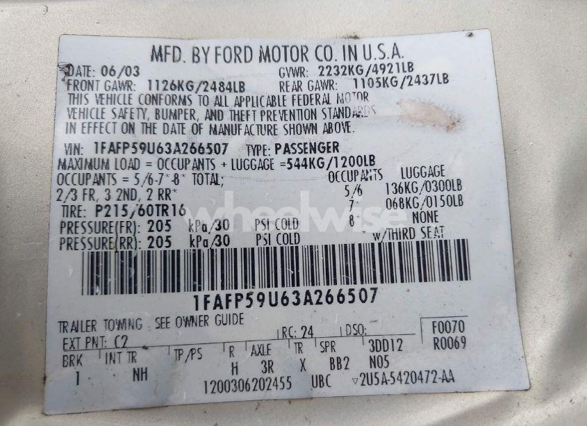 Photo 9 of 2003 Ford Taurus SEL (VIN 1FAFP59U63A266507)