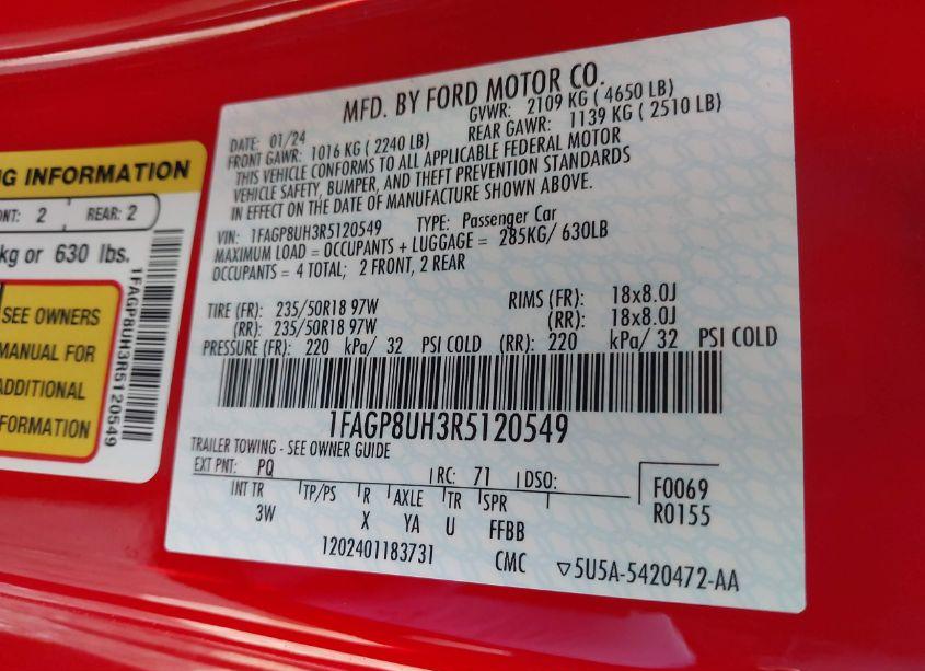 Photo 9 of 2024 Ford Mustang ECOBOOST PREMIUM (VIN 1FAGP8UH3R5120549)