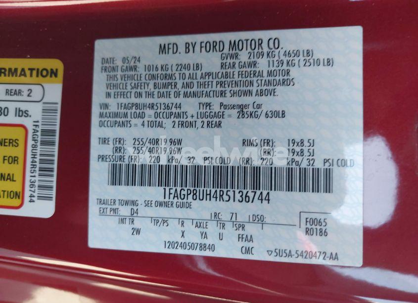 Photo 9 of 2024 Ford Mustang ECOBOOST (VIN 1FAGP8UH4R5136744)