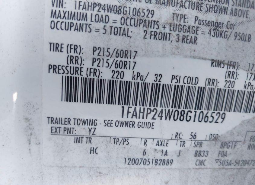 Photo 9 of 2008 Ford Taurus SEL (VIN 1FAHP24W08G106529)