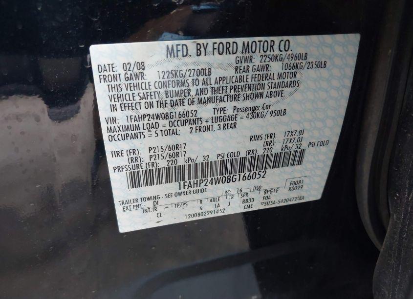 Photo 9 of 2008 Ford Taurus SEL (VIN 1FAHP24W08G166052)