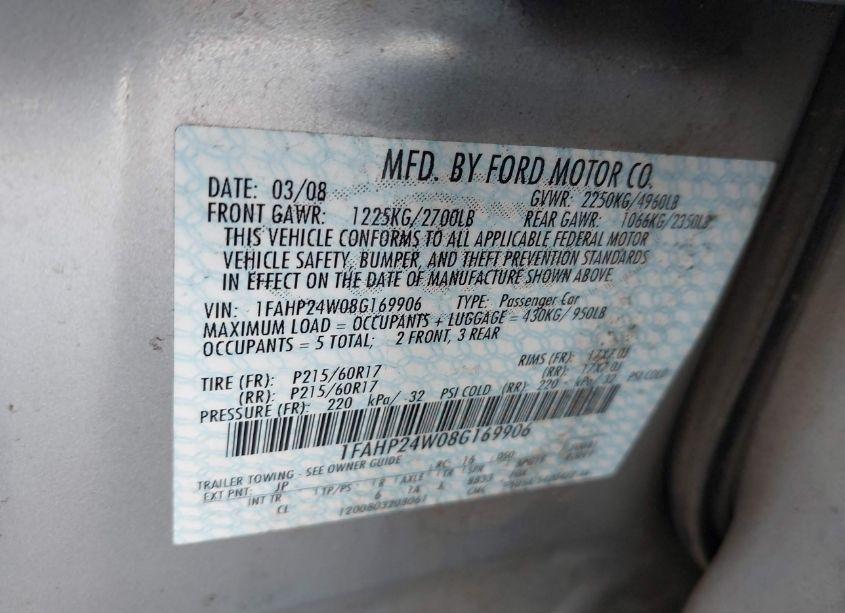 Photo 9 of 2008 Ford Taurus SEL (VIN 1FAHP24W08G169906)