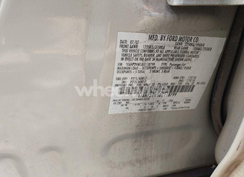 Photo 8 of 2008 Ford Taurus SEL (VIN 1FAHP24W18G118799)