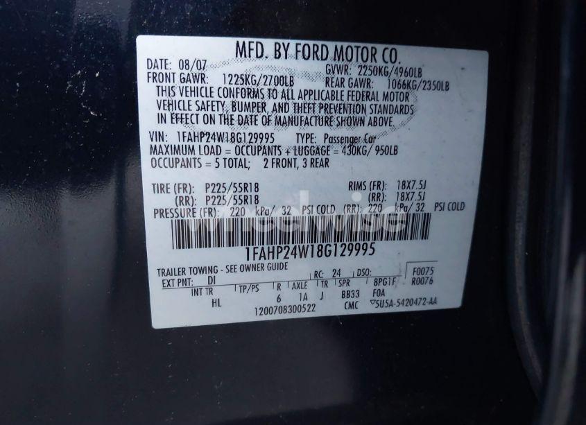 Photo 9 of 2008 Ford Taurus SEL (VIN 1FAHP24W18G129995)
