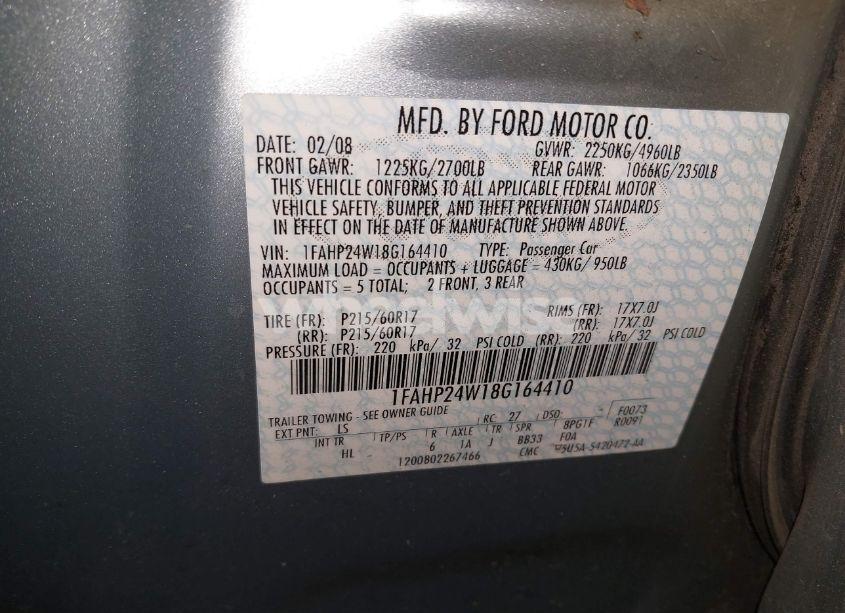 Photo 9 of 2008 Ford Taurus SEL (VIN 1FAHP24W18G164410)