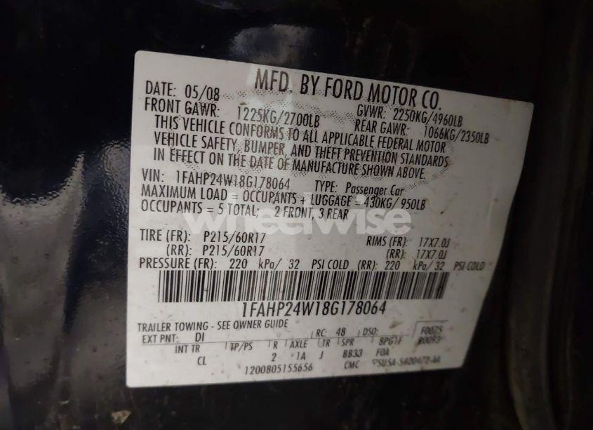 Photo 9 of 2008 Ford Taurus SEL (VIN 1FAHP24W18G178064)