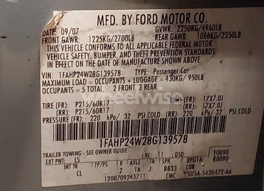Photo 9 of 2008 Ford Taurus SEL (VIN 1FAHP24W28G139578)