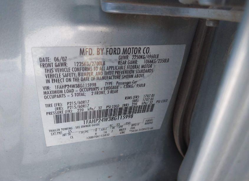 Photo 9 of 2008 Ford Taurus SEL (VIN 1FAHP24W38G115998)