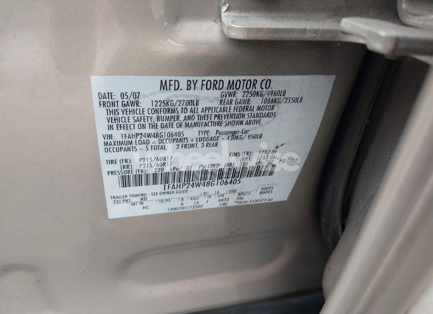 Photo 9 of 2008 Ford Taurus SEL (VIN 1FAHP24W48G106405)