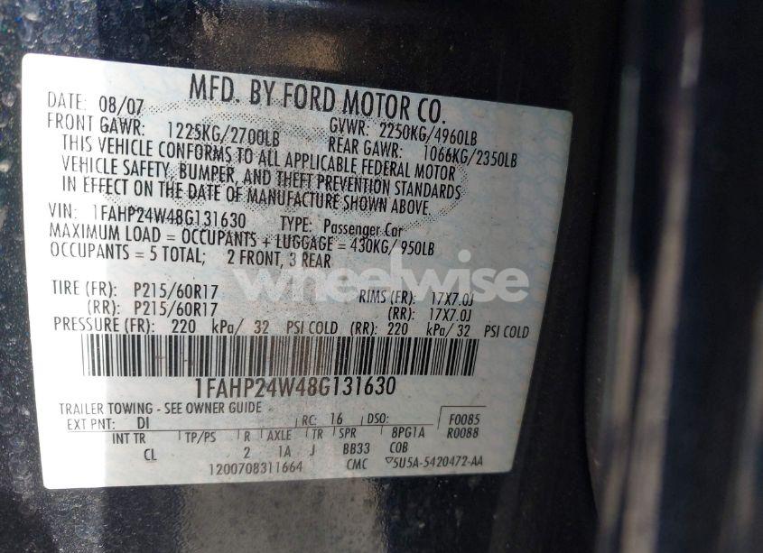 Photo 9 of 2008 Ford Taurus SEL (VIN 1FAHP24W48G131630)