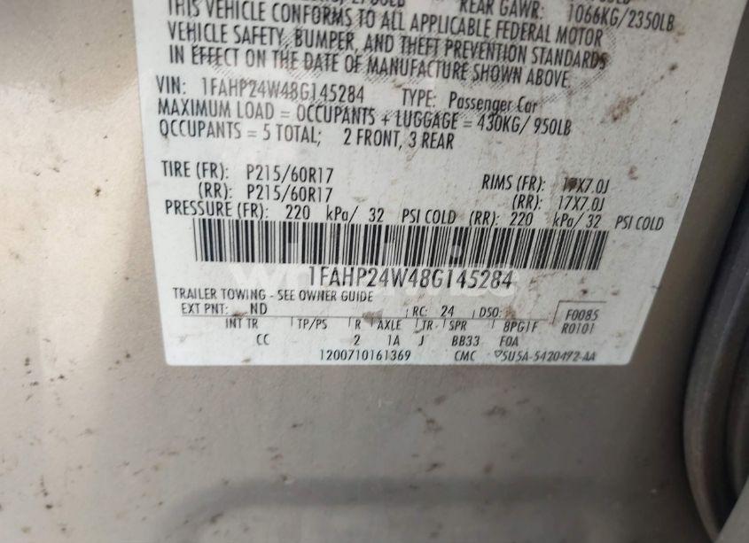 Photo 9 of 2008 Ford Taurus SEL (VIN 1FAHP24W48G145284)