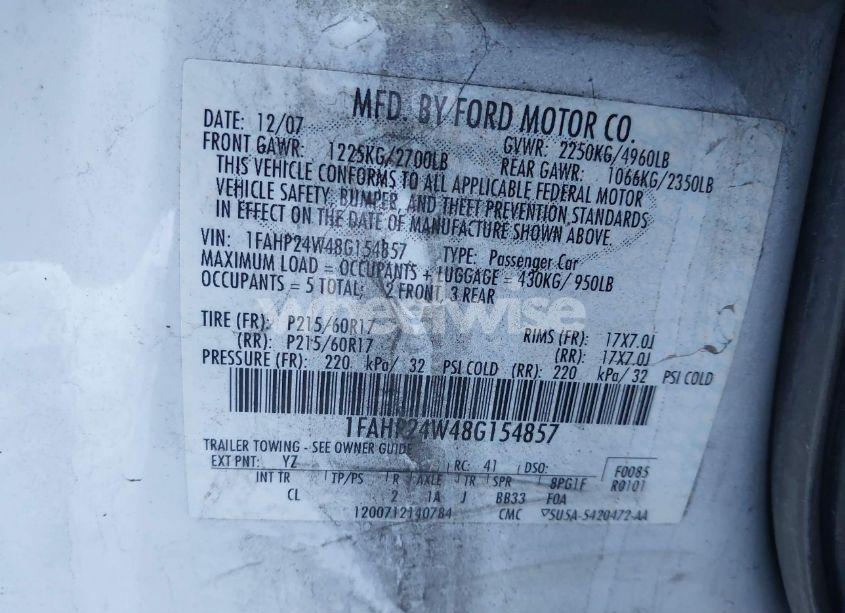 Photo 9 of 2008 Ford Taurus SEL (VIN 1FAHP24W48G154857)