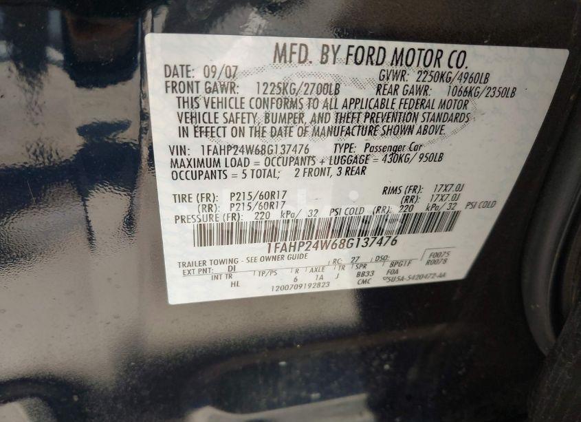 Photo 9 of 2008 Ford Taurus SEL (VIN 1FAHP24W68G137476)