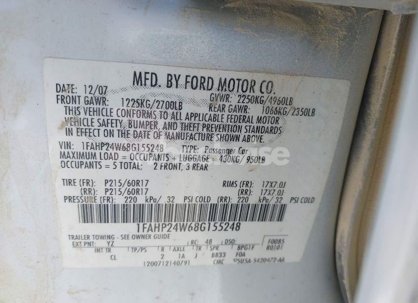Photo 9 of 2008 Ford Taurus SEL (VIN 1FAHP24W68G155248)