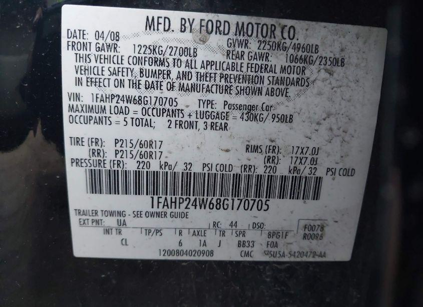 Photo 9 of 2008 Ford Taurus SEL (VIN 1FAHP24W68G170705)
