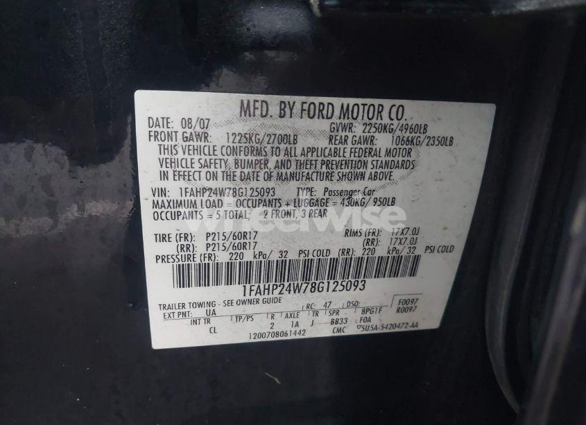 Photo 9 of 2008 Ford Taurus SEL (VIN 1FAHP24W78G125093)