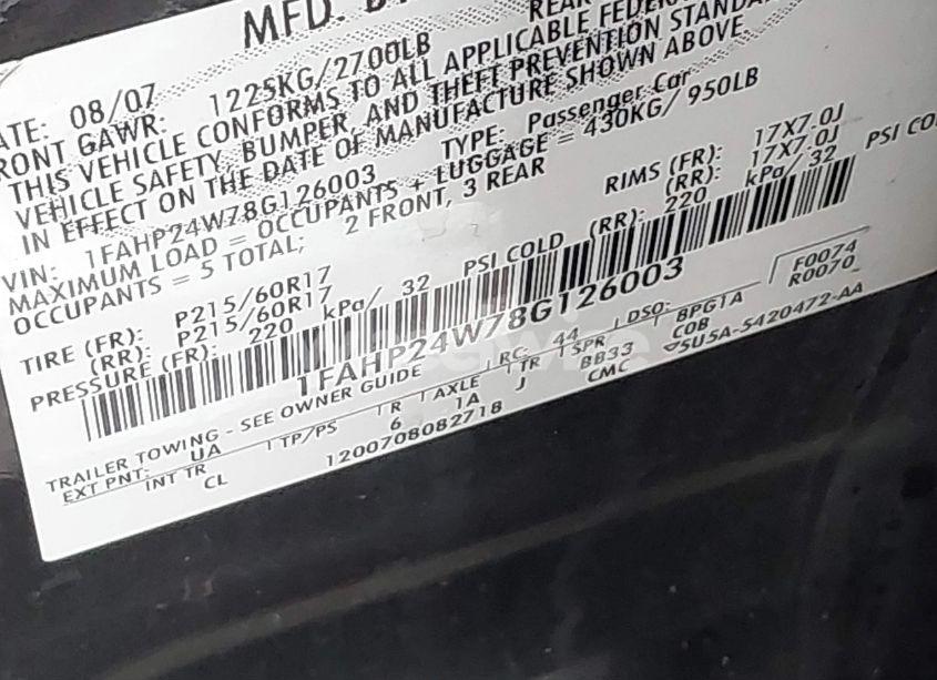 Photo 9 of 2008 Ford Taurus SEL (VIN 1FAHP24W78G126003)