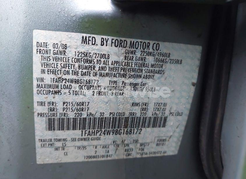 Photo 9 of 2008 Ford Taurus SEL (VIN 1FAHP24W98G168172)